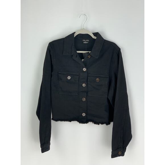 City Chic Lauren Fray Away Jacket Women Size 16 Black Denim Jean Raw Hem Cropped - Picture 1 of 11